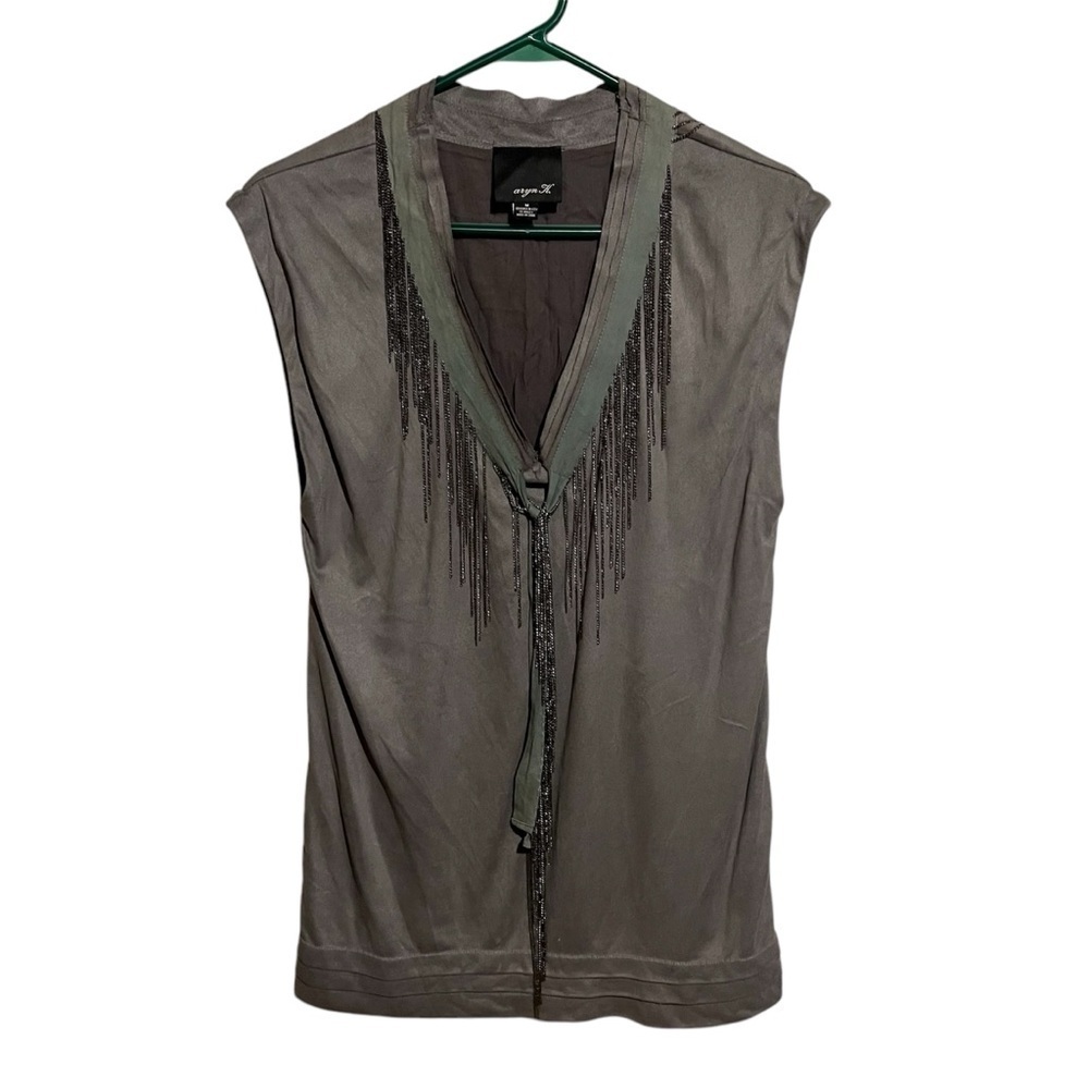 Aryn K Tank Top Women's Size M Grey Faux Leather Metal Chain Fringe Silk Lining